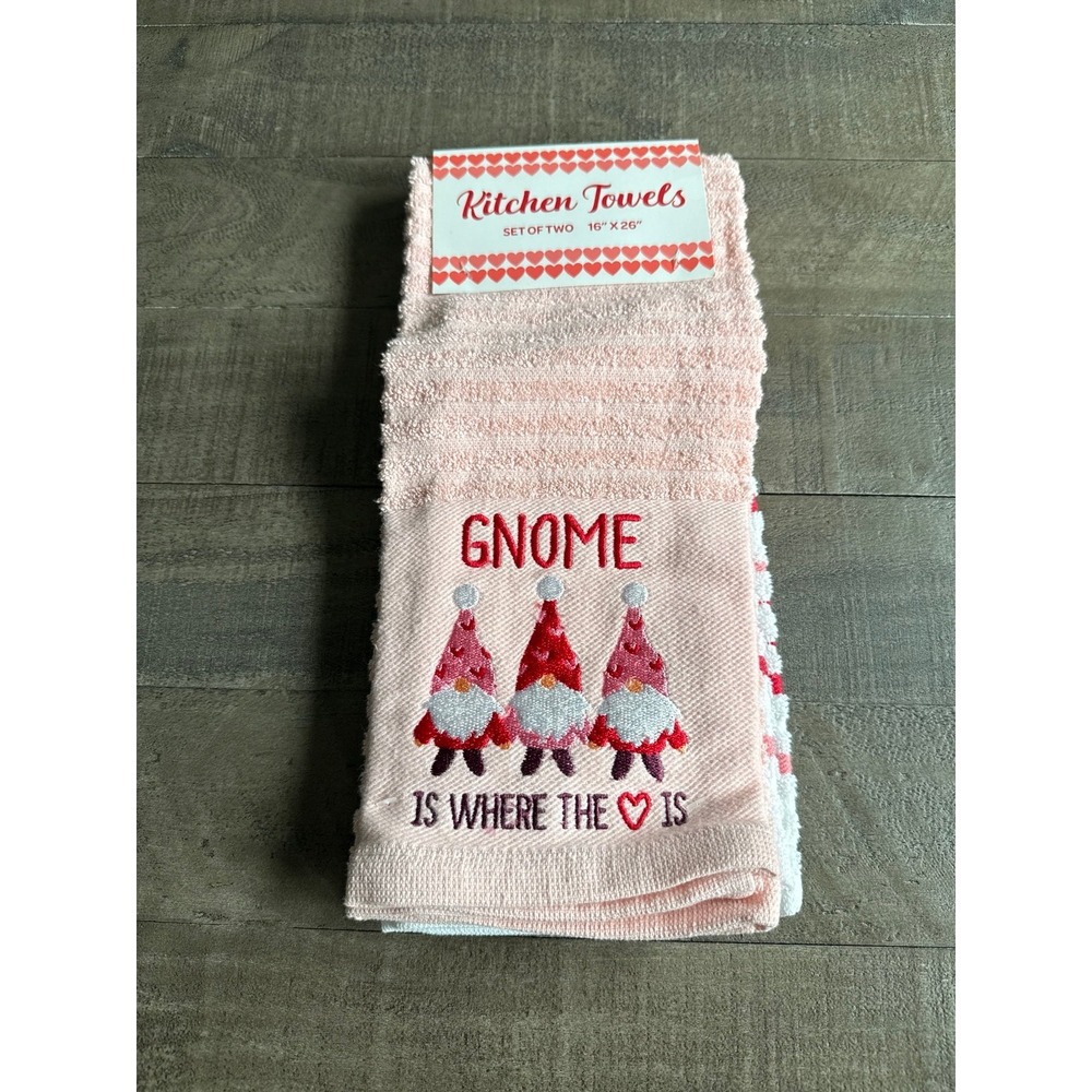 NWT Pink "Gnome is where the ❤️ is" kitchen towels 16"x26"